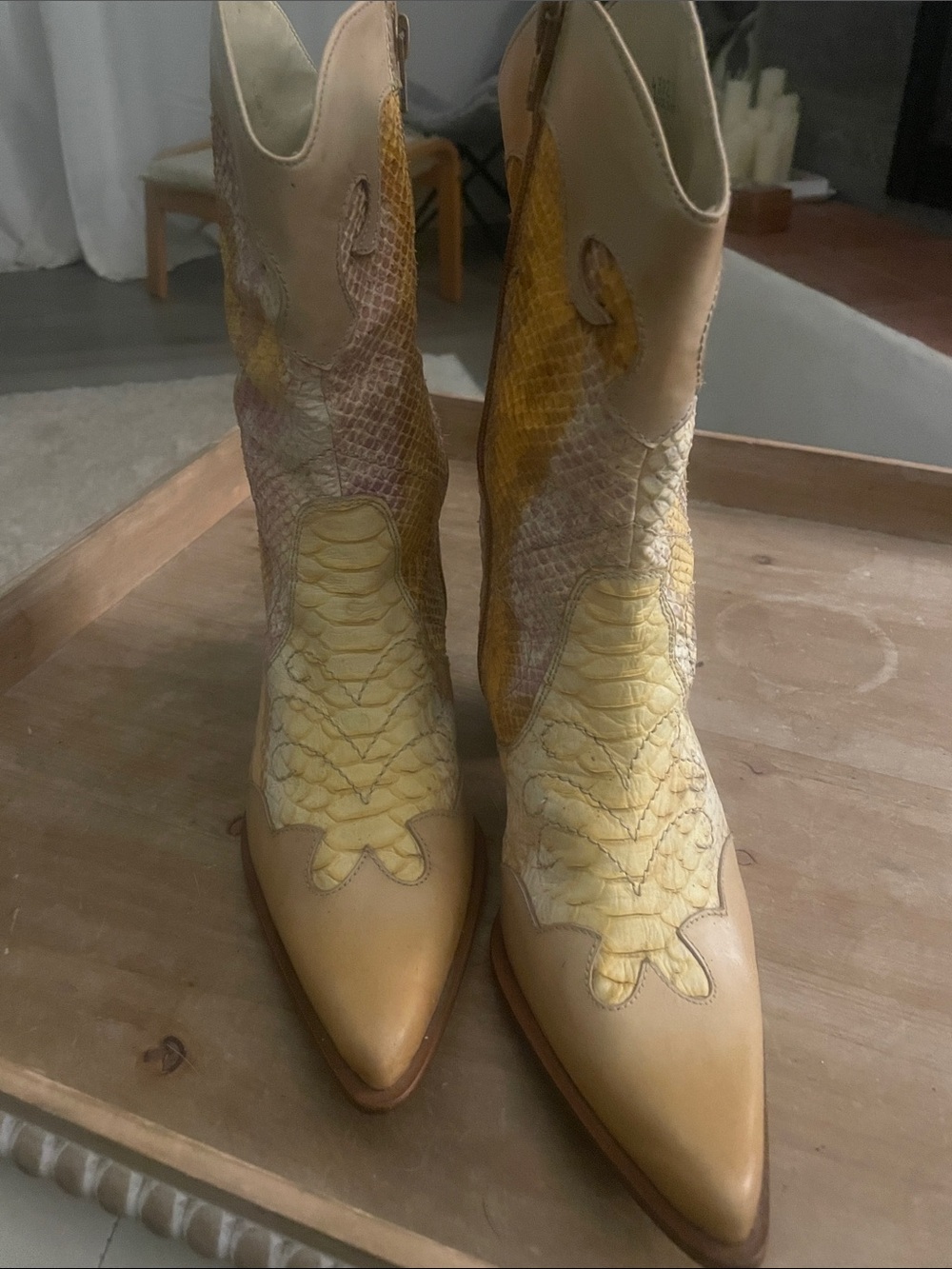 Perrtini Vintage Pointed Toe Women's python Heeled Western Boots in Yellow